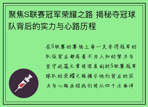 聚焦S联赛冠军荣耀之路 揭秘夺冠球队背后的实力与心路历程