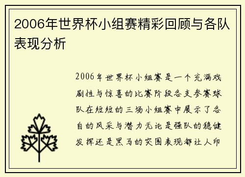 2006年世界杯小组赛精彩回顾与各队表现分析
